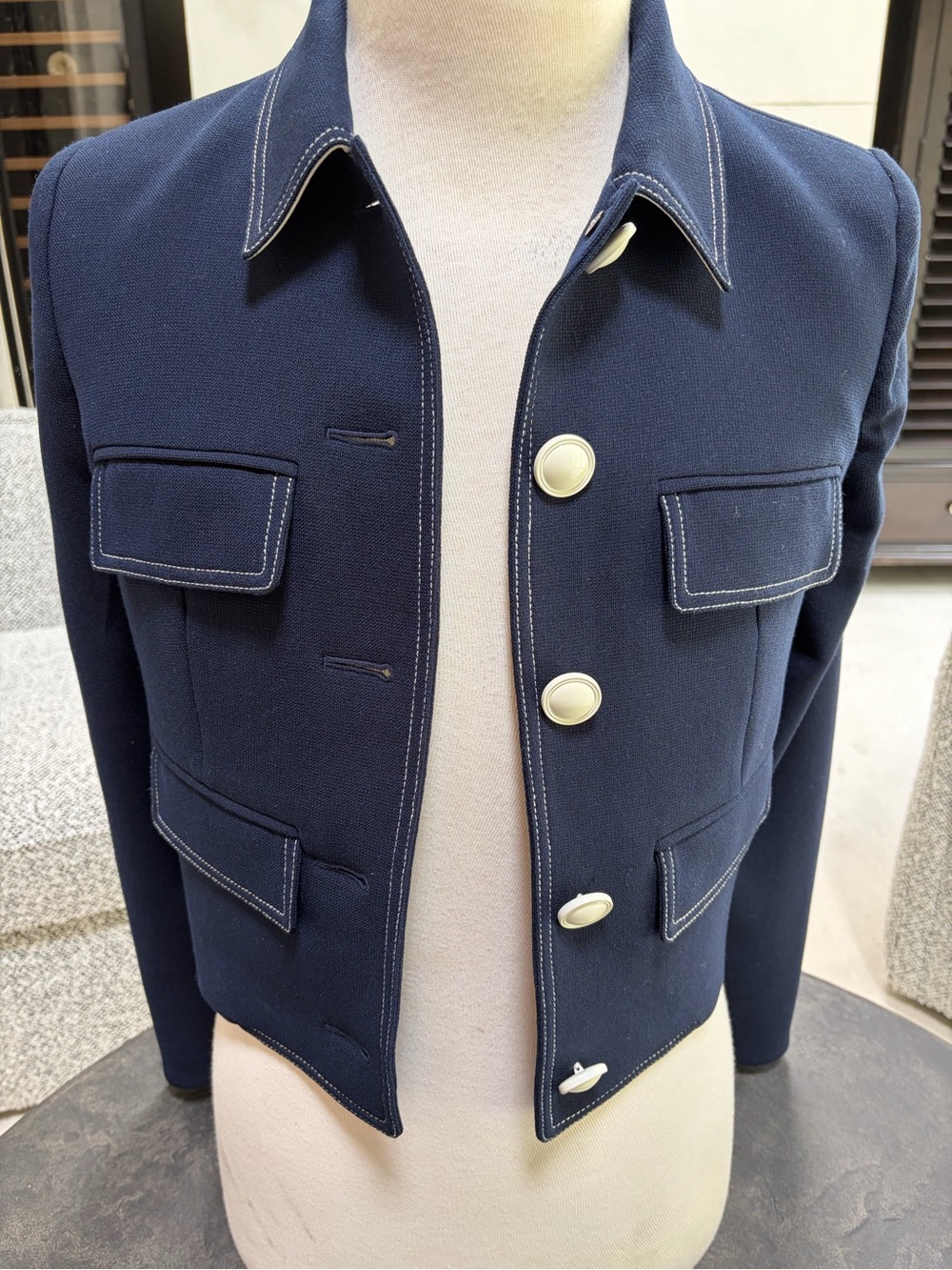 Veronica Beard Navy Cropped Jacket with White Stitching